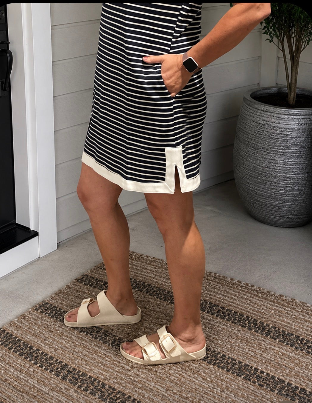 Navy & Ivory Striped V-Neck Dress