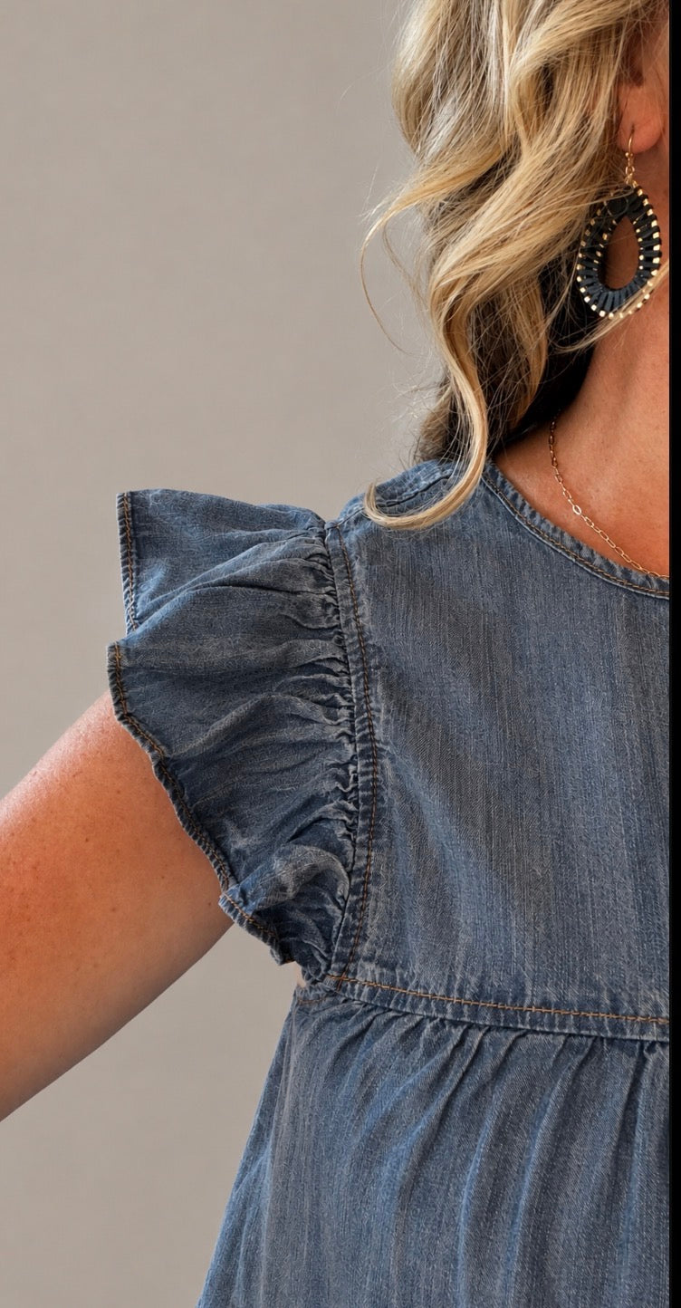 Chambray Ruffle Sleeve Denim Top