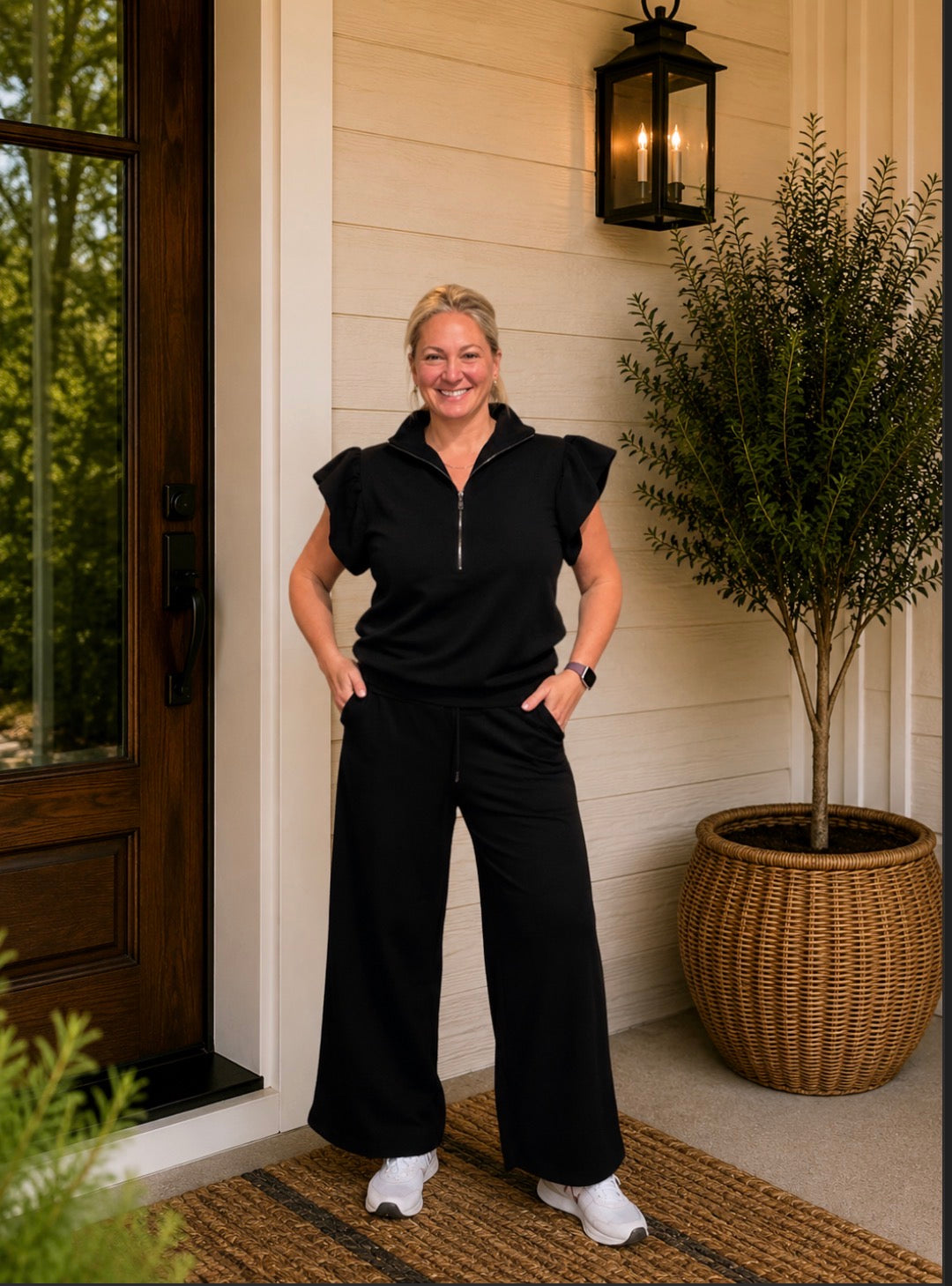 Textured Ruffled Sleeve Zipped Top and Pants Set