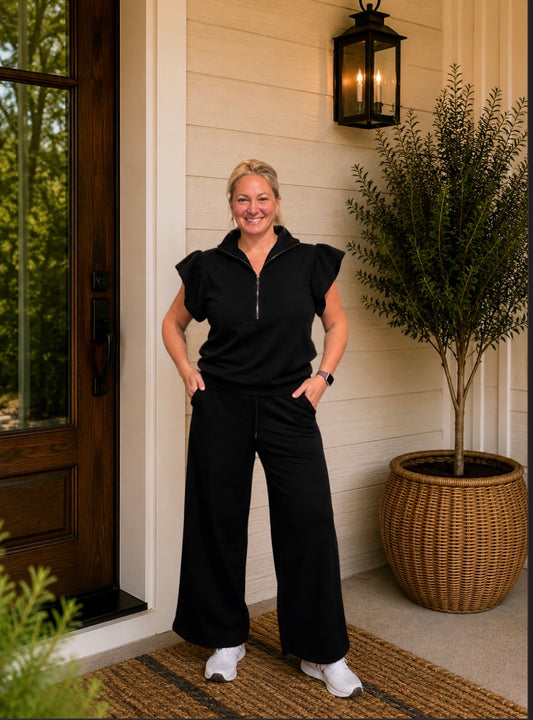 Textured Ruffled Sleeve Zipped Top and Pants Set