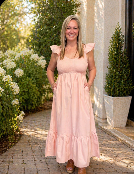 V Neck Flutter Sleeve Maxi Dress