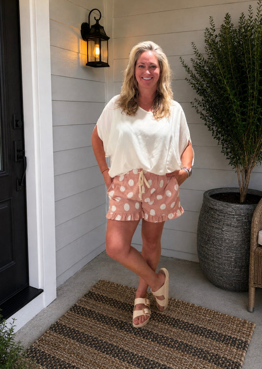 Polka Dot Ruffle Hem Full Lined Drawstring Shorts