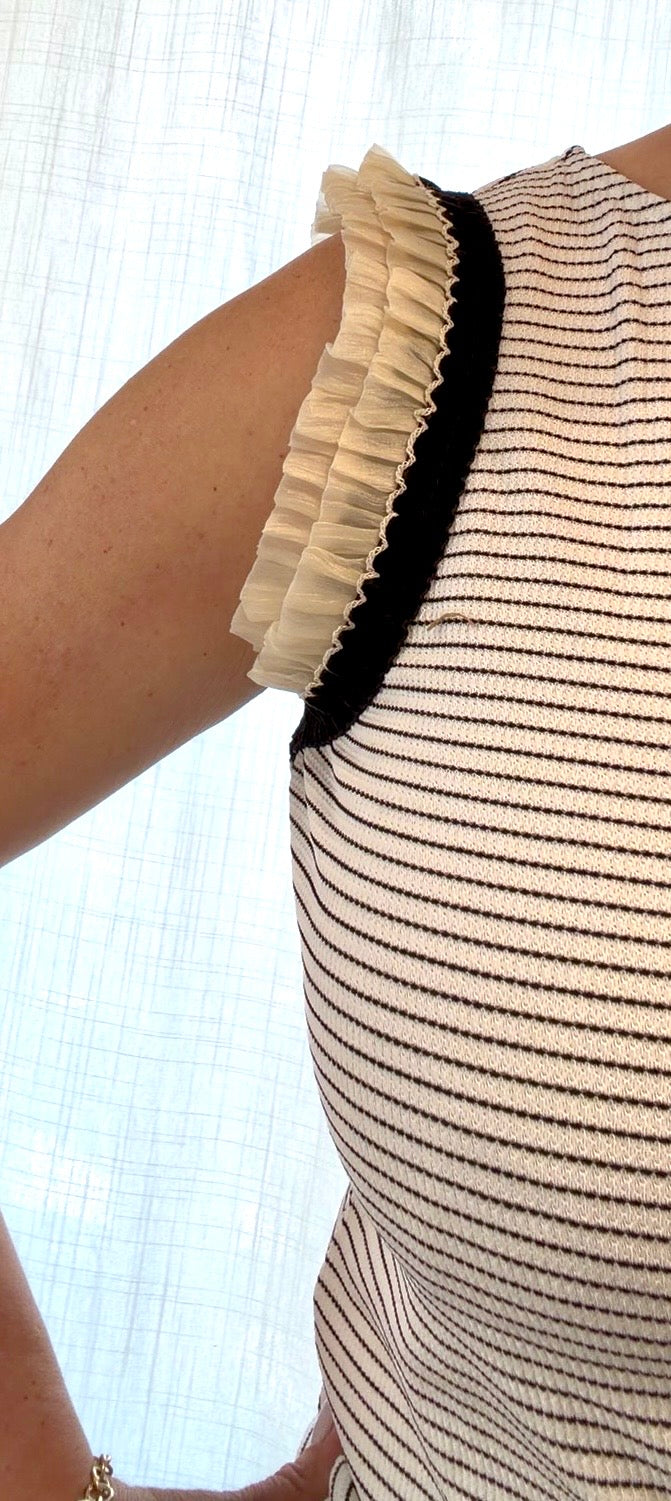 Black Stripe Contrasted Ruffle Trim Casual Tank Top