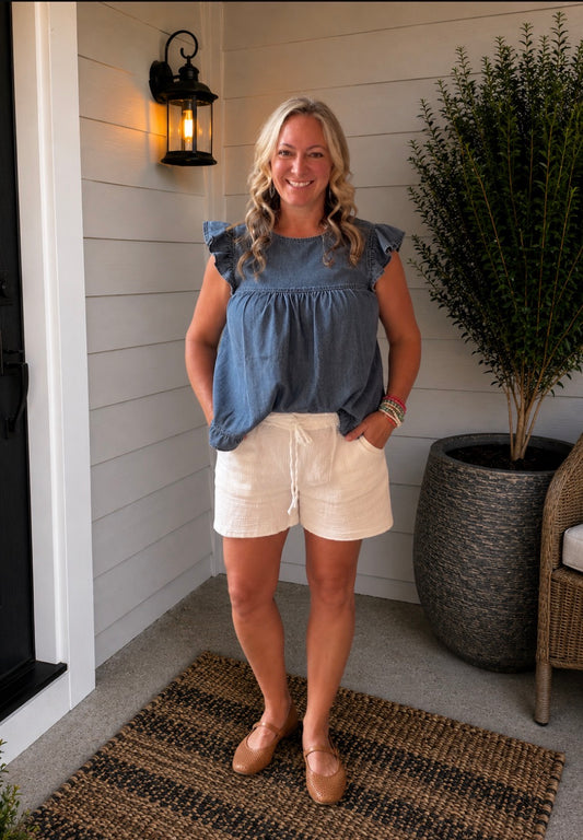 Chambray Ruffle Sleeve Denim Top