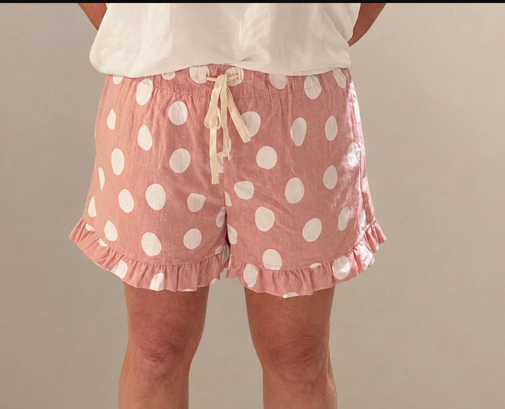Polka Dot Ruffle Hem Full Lined Drawstring Shorts