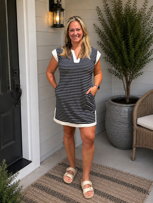 Navy & Ivory Striped V-Neck Dress