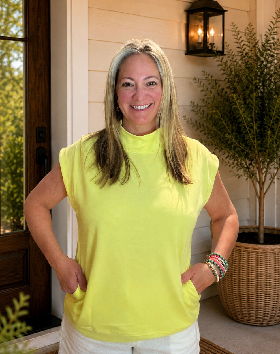 Mock Neck Cap Sleeve Top with Pockets