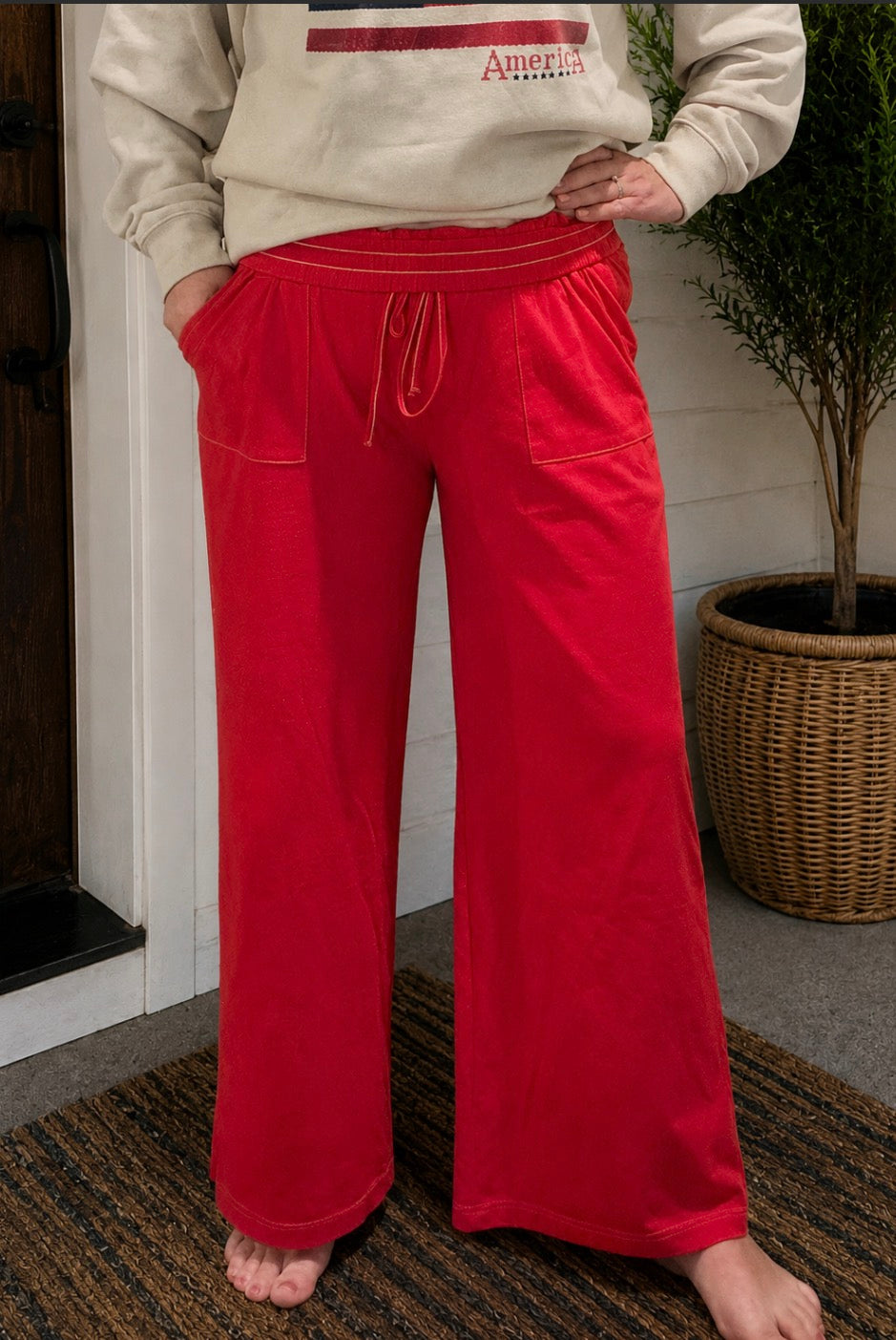 Relaxed Wide Leg Drawstring Knit Pants