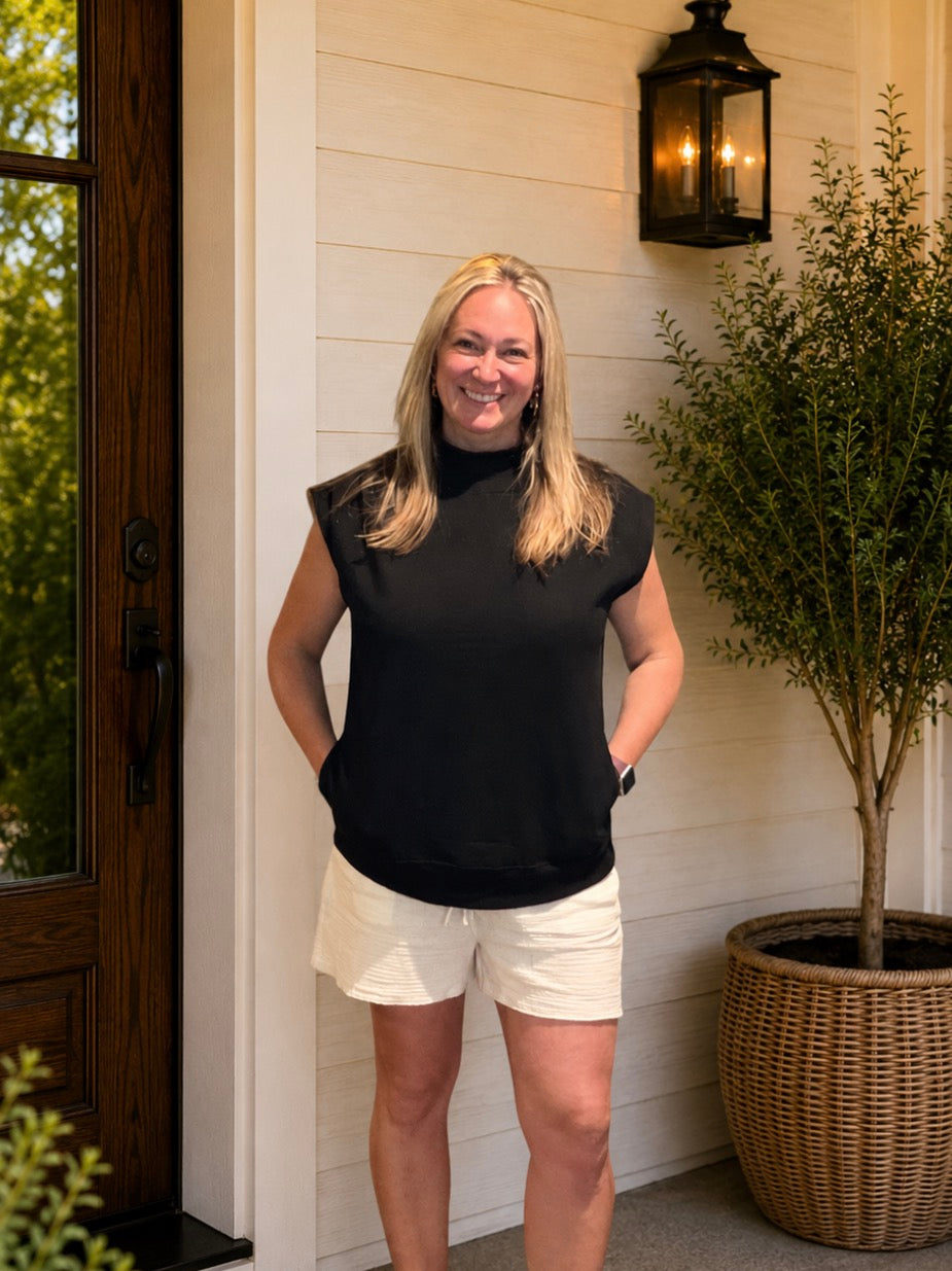 Mock Neck Cap Sleeve Top with Pockets