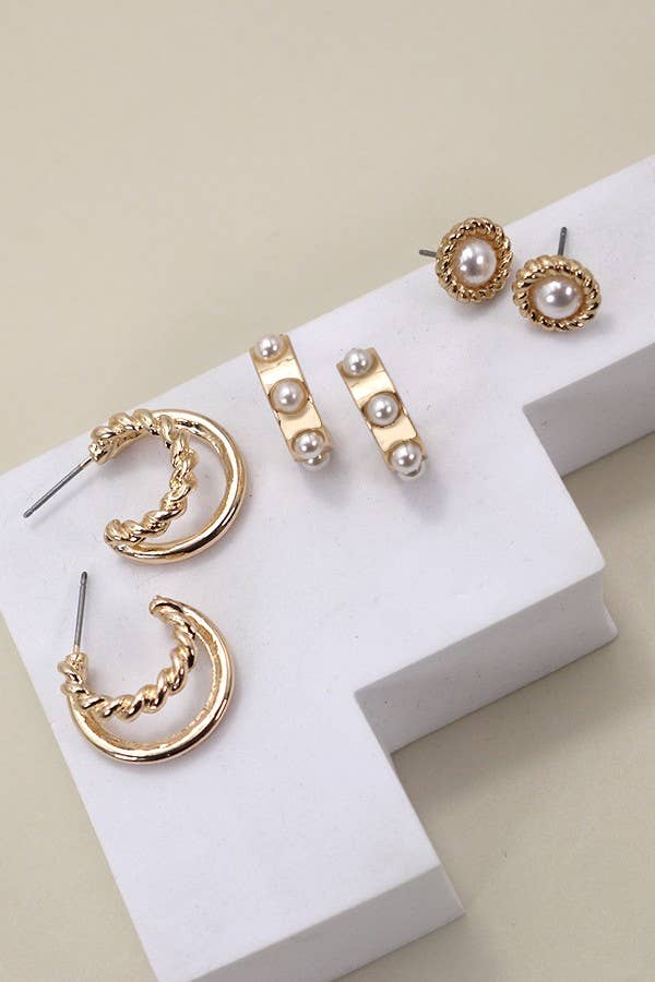 Gold Pearl Hoop & Stud Earring Trio